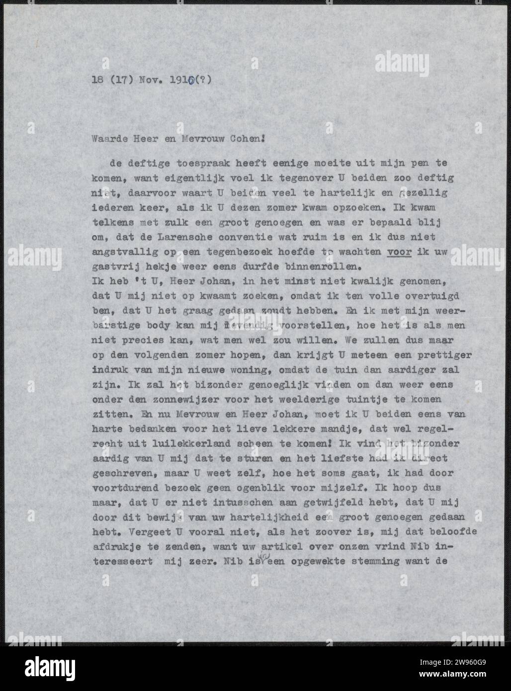 Carta a Johan Henri Gustaaf Cohen Gosschalk y Johanna Bongger, Wally