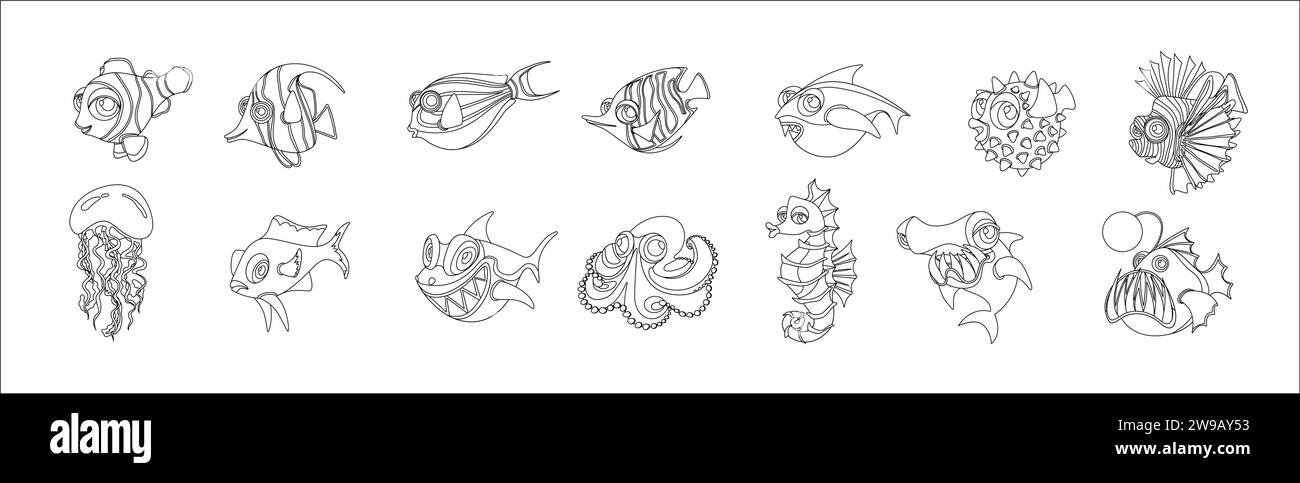 Peces de mar tropical y criaturas línea de ilustraciones vectoriales grandes conjunto de iconos. Paquete de hábitats submarinos lineales sobre fondo blanco. De dibujos animados infantiles Ilustración del Vector