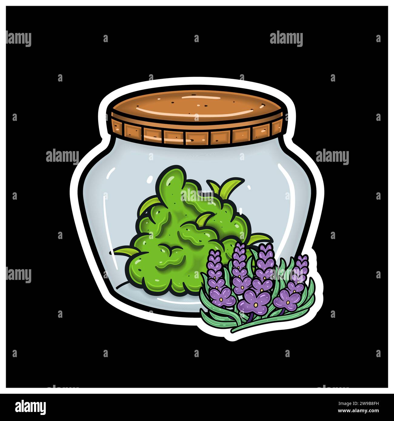 Sabor de lavanda con Mascota de dibujos animados de Weed Bud en tarro. Para pegatina y etiqueta. Vector e ilustración. Ilustración del Vector