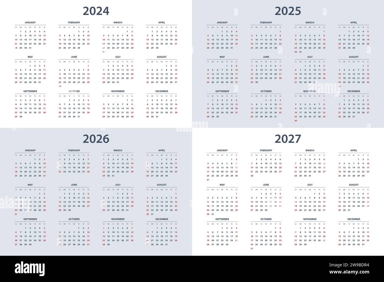 Planificador de calendarios para 2024, 2025, 2026, 2027. Calendario de