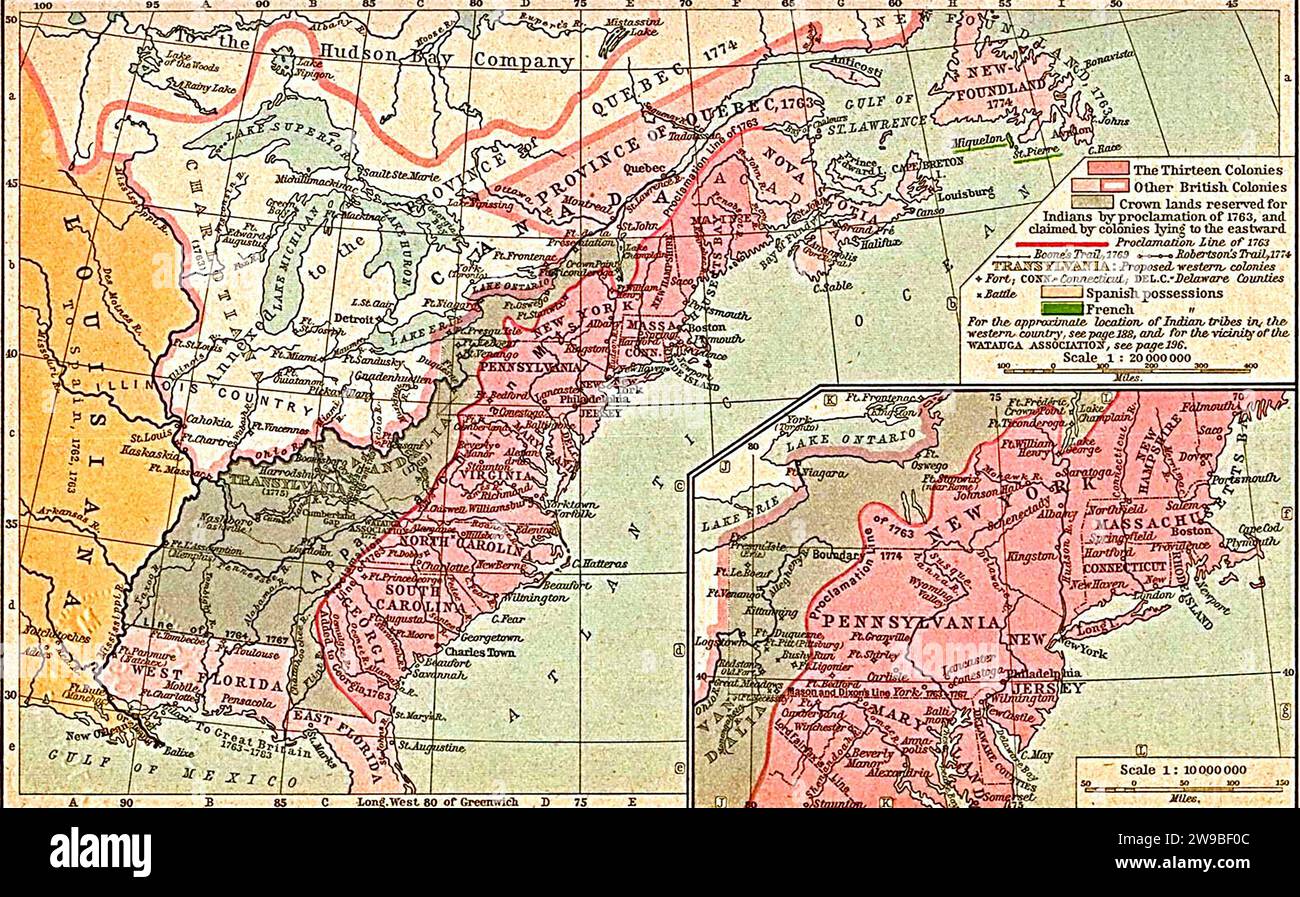 Trece colonias. Mapa de las trece colonias británicas en América del