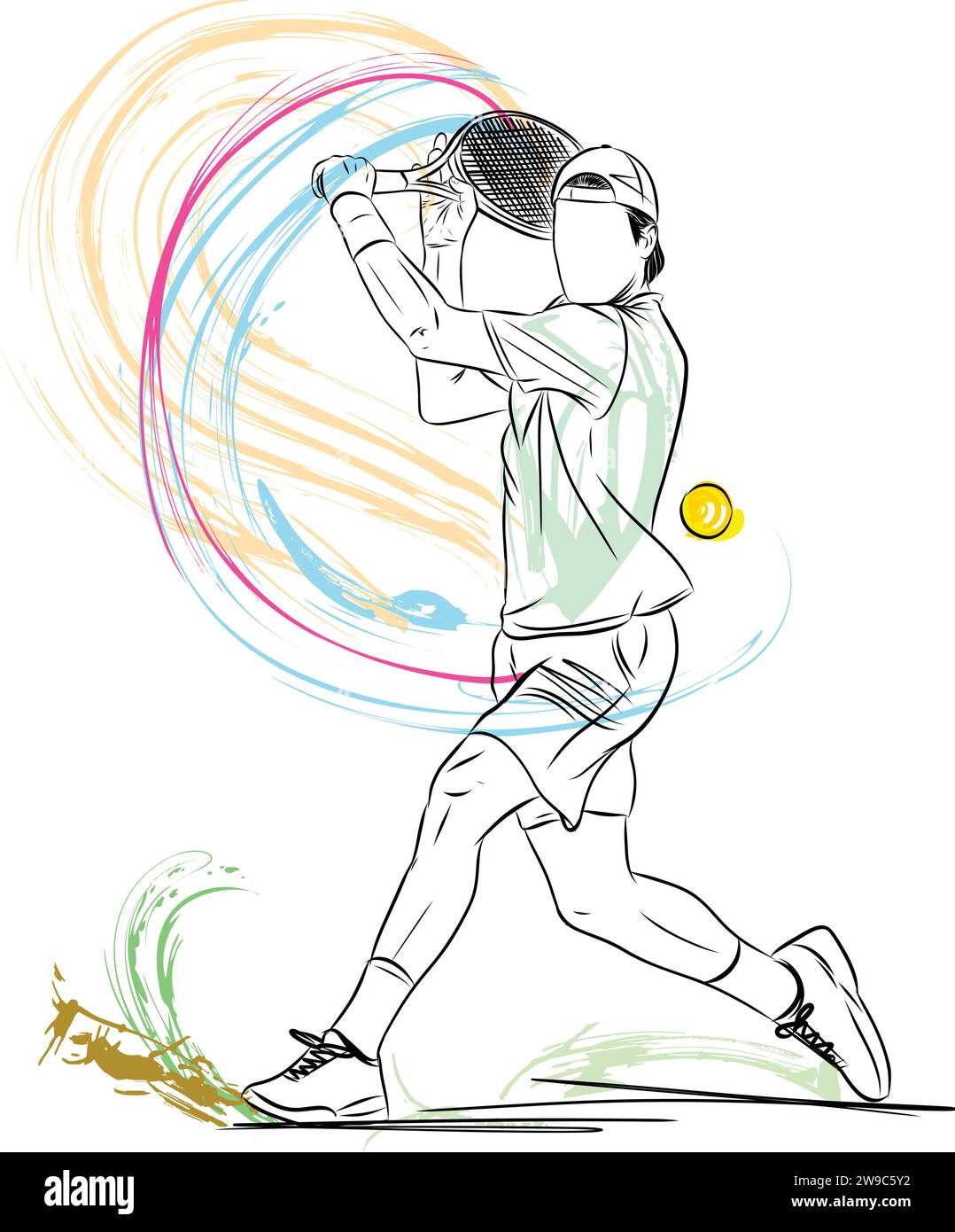 Jugador de tenis golpeando un saque. Joven tenista a punto de golpear la pelota. Ilustración del Vector