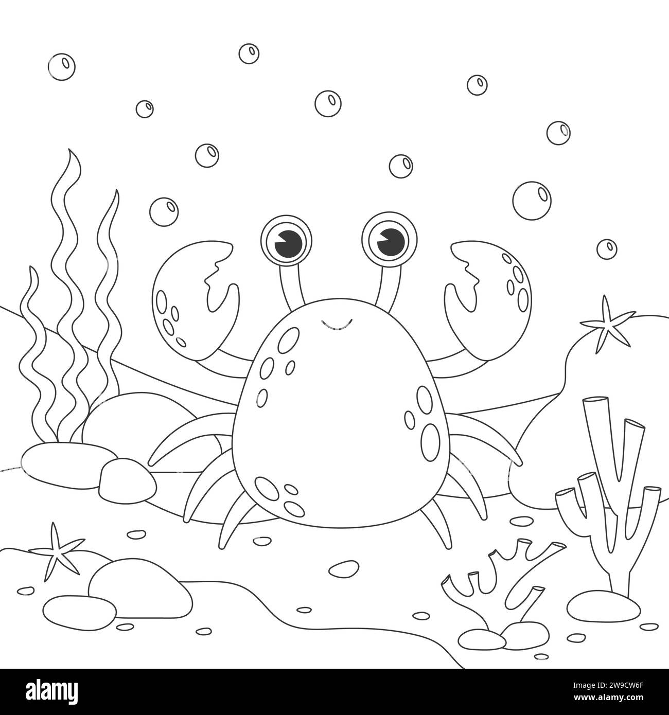 Divertidos personajes de dibujos animados de cangrejo. Página para colorear Foto de stock