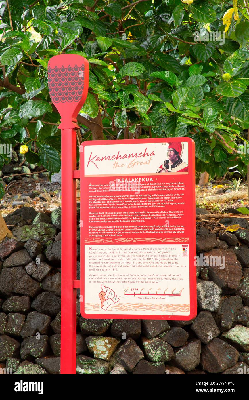 Tablero de interpretación, Kealakekua Bay State Historical Park, Hawái Foto de stock