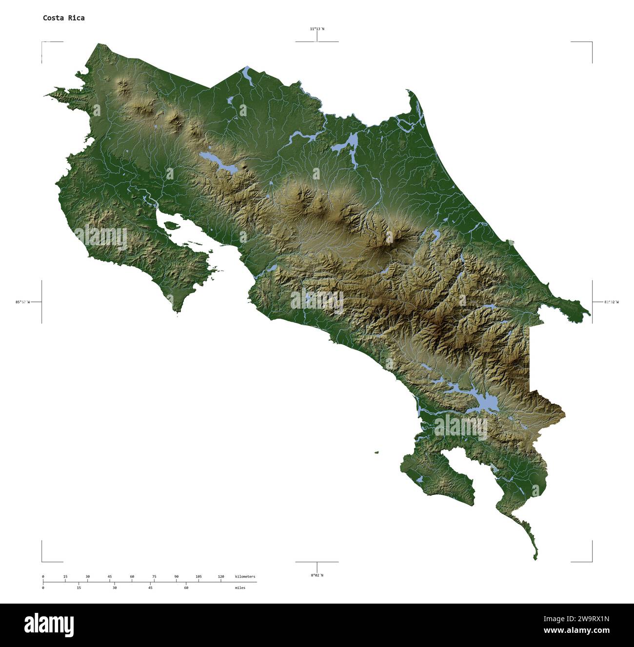 Forma de un mapa de elevación de color pálido con lagos y ríos de Costa ...