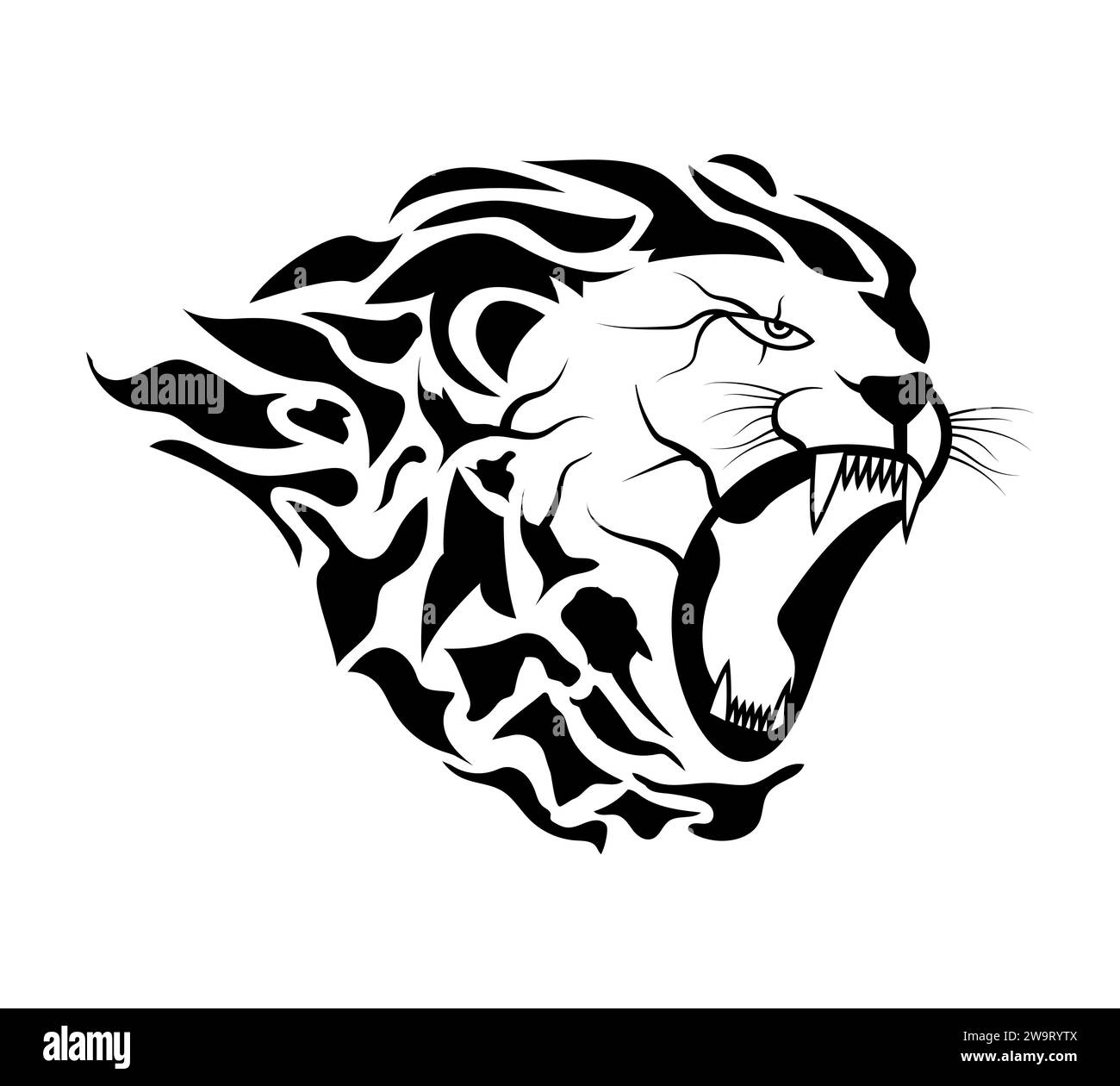 Logo de la silueta de la cabeza del león del fuego. El león abrió la boca. Ilustración del Vector