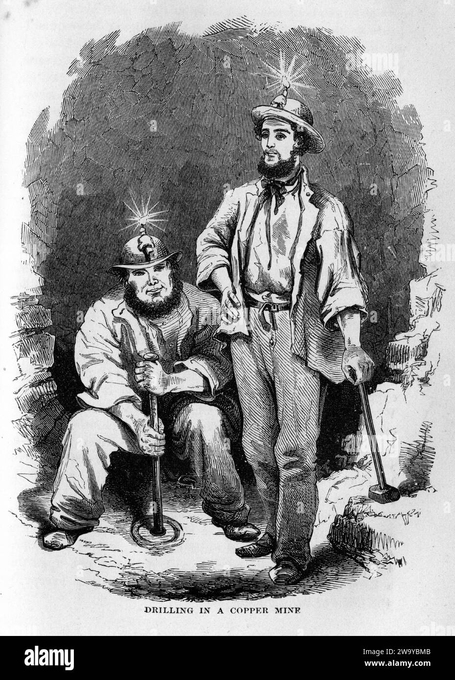 Grabado de hombres aptos para perforar en una mina de cobre, de The Underground World, alrededor de 1878 Foto de stock