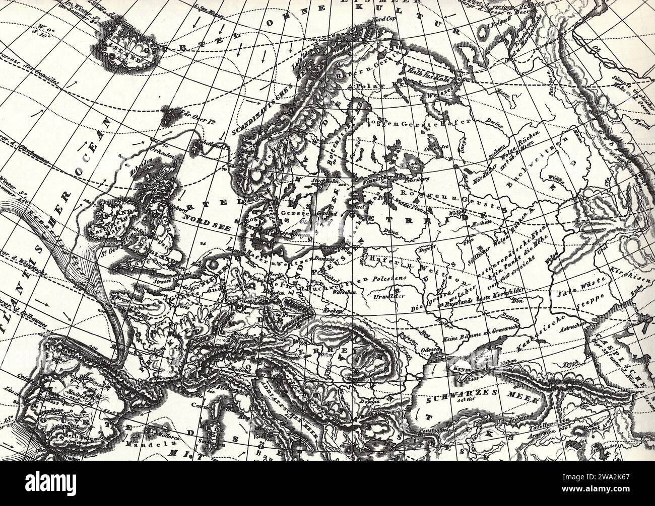 Un mapa físico histórico en blanco y negro de Europa sobre un fondo