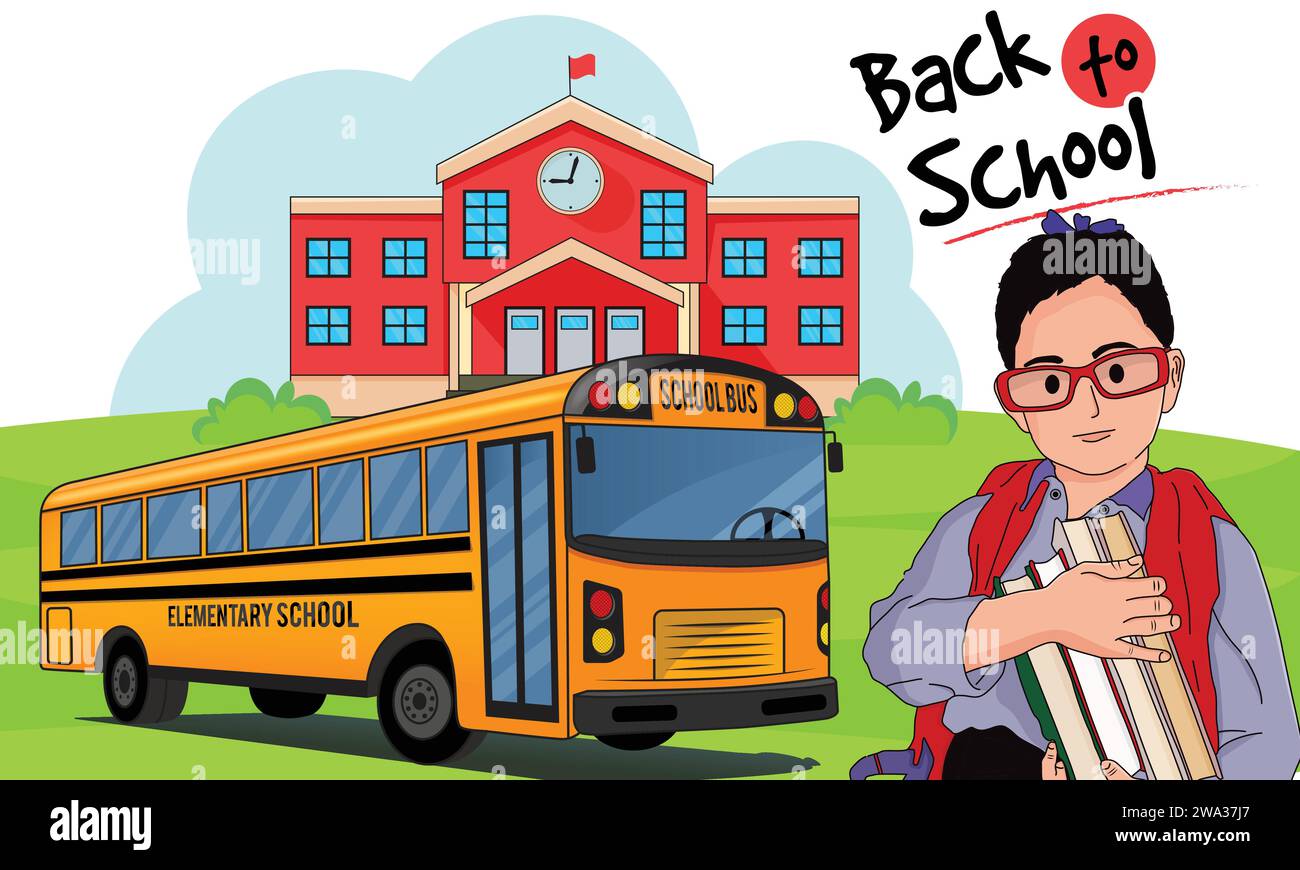 Estudiante con autobús escolar frente a la ilustración vectorial de edificio escolar Ilustración del Vector