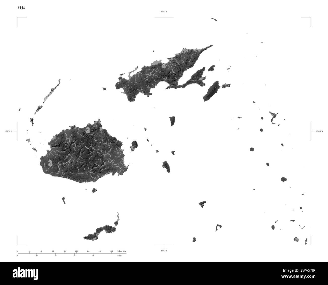 Forma De Un Mapa De Elevación En Escala De Grises Con Lagos Y Ríos De Fiji Con Escala De