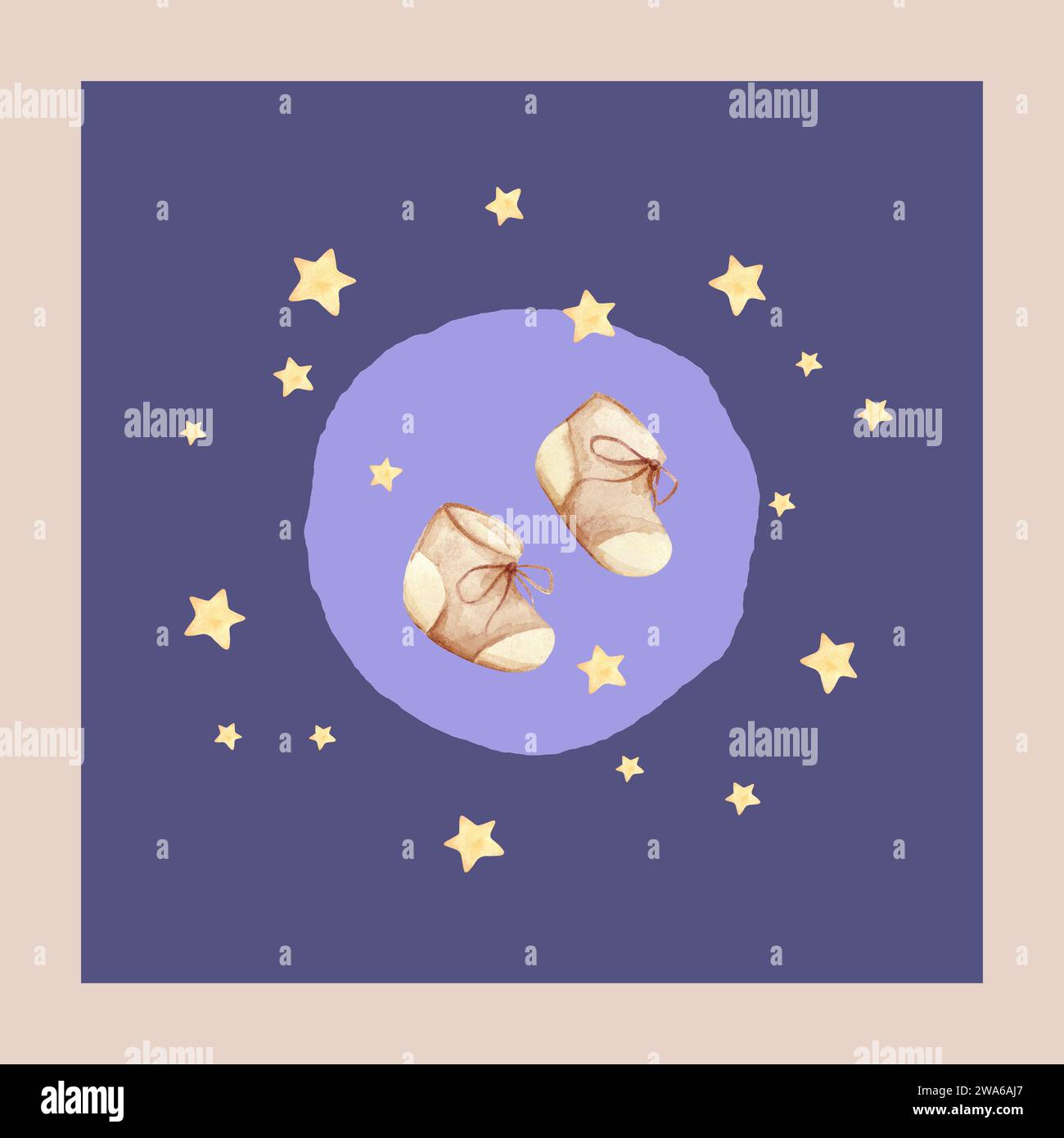 Tarjeta de anuncio de nacimiento. Bienvenido Baby Card ilustraciones. Azul Beige colores. Felicitaciones Baby Card. Género neutro Foto de stock