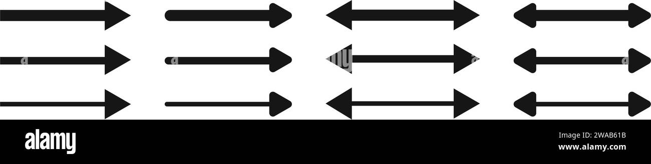 Conjunto de flecha y doble flecha iconos. Mira aquí símbolos. Puntero horizontal negro, dirección, posición, ubicación, reverso o signos de ancho aislados sobre fondo blanco. Ilustración gráfica vectorial Ilustración del Vector