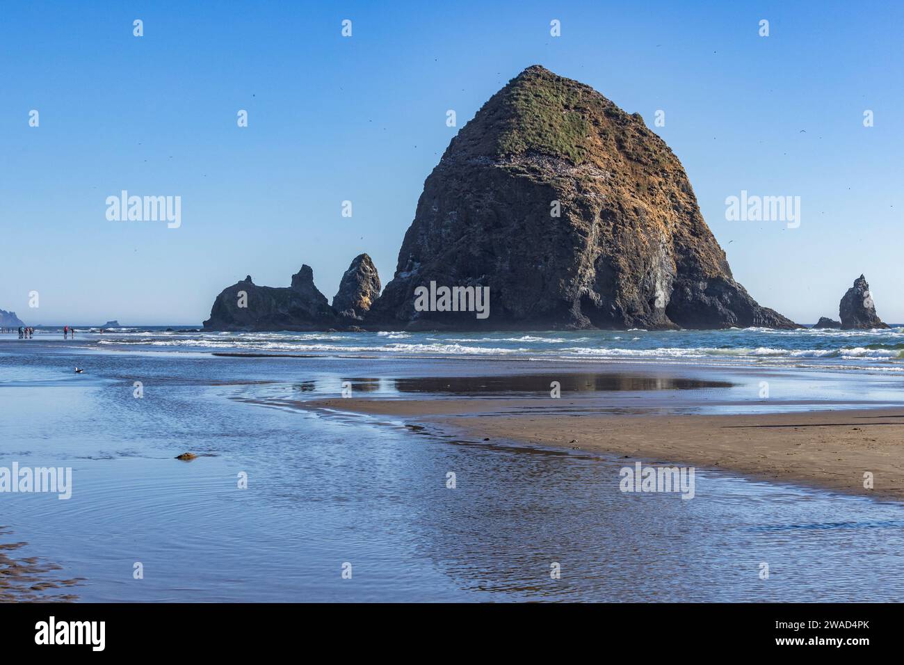 Estados Unidos, Oregón, Haystack Rock en Cannon Beach en el día soleado Foto de stock