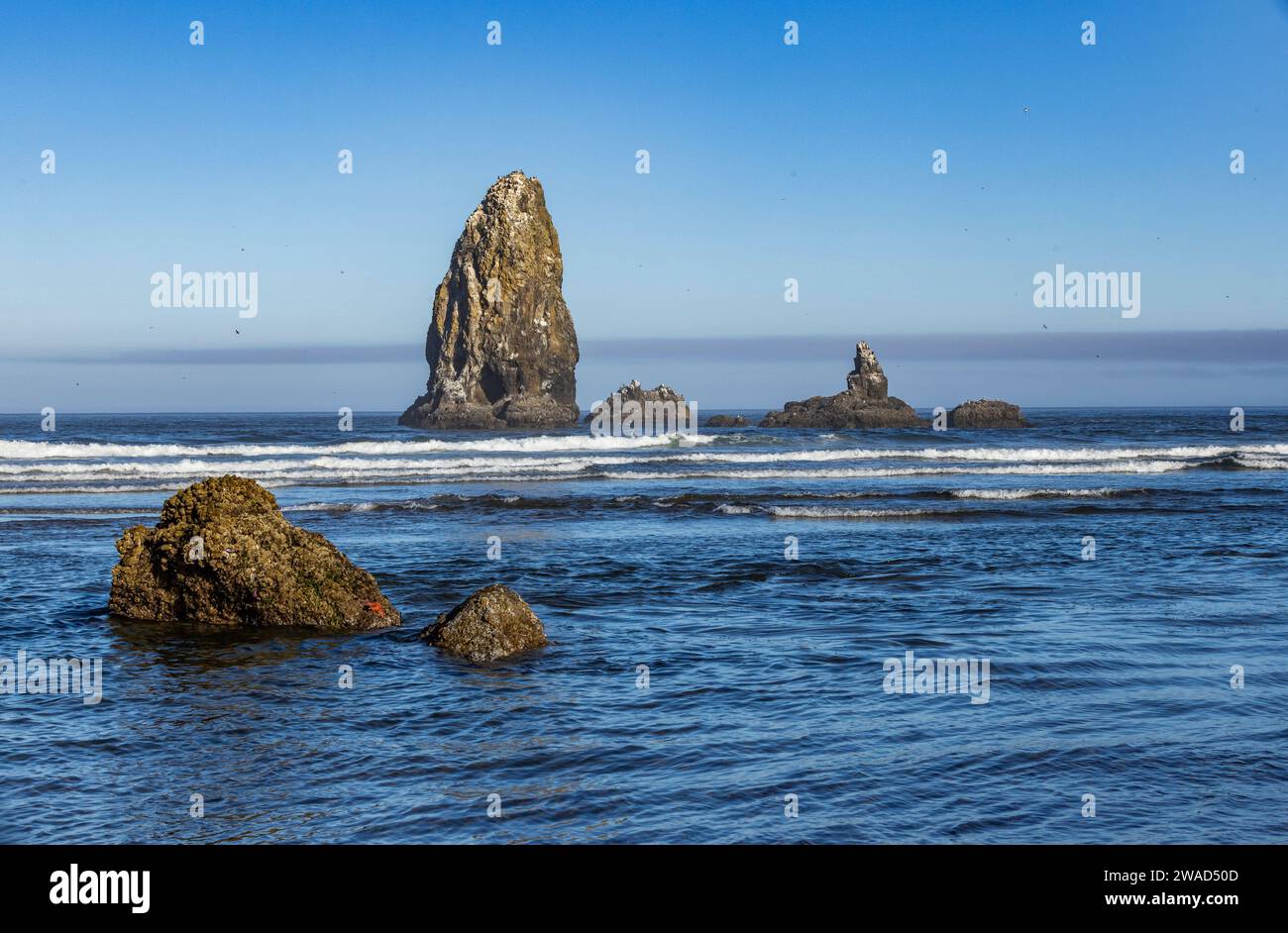 Estados Unidos, Oregón, formaciones rocosas en el océano en Cannon Beach Foto de stock