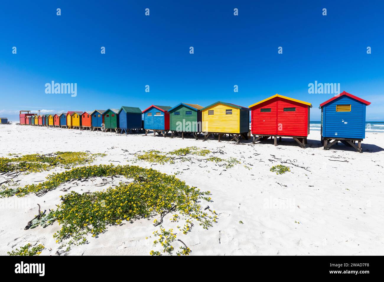 Sudáfrica, Muizenberg, Fila de coloridas cabañas en la playa de Muizenberg Foto de stock