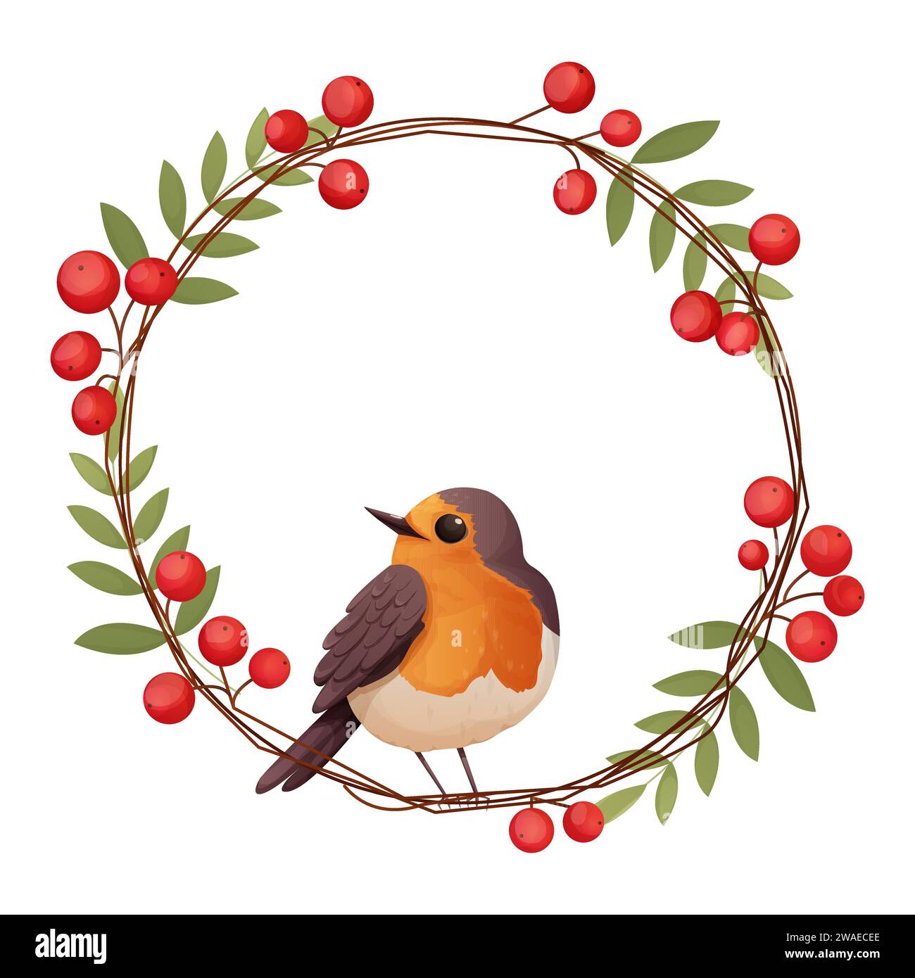 Pájaro de Robin con el personaje lindo del pájaro de la guirnalda en rama en estilo de la historieta aislado en fondo blanco. . Ilustración vectorial Ilustración del Vector