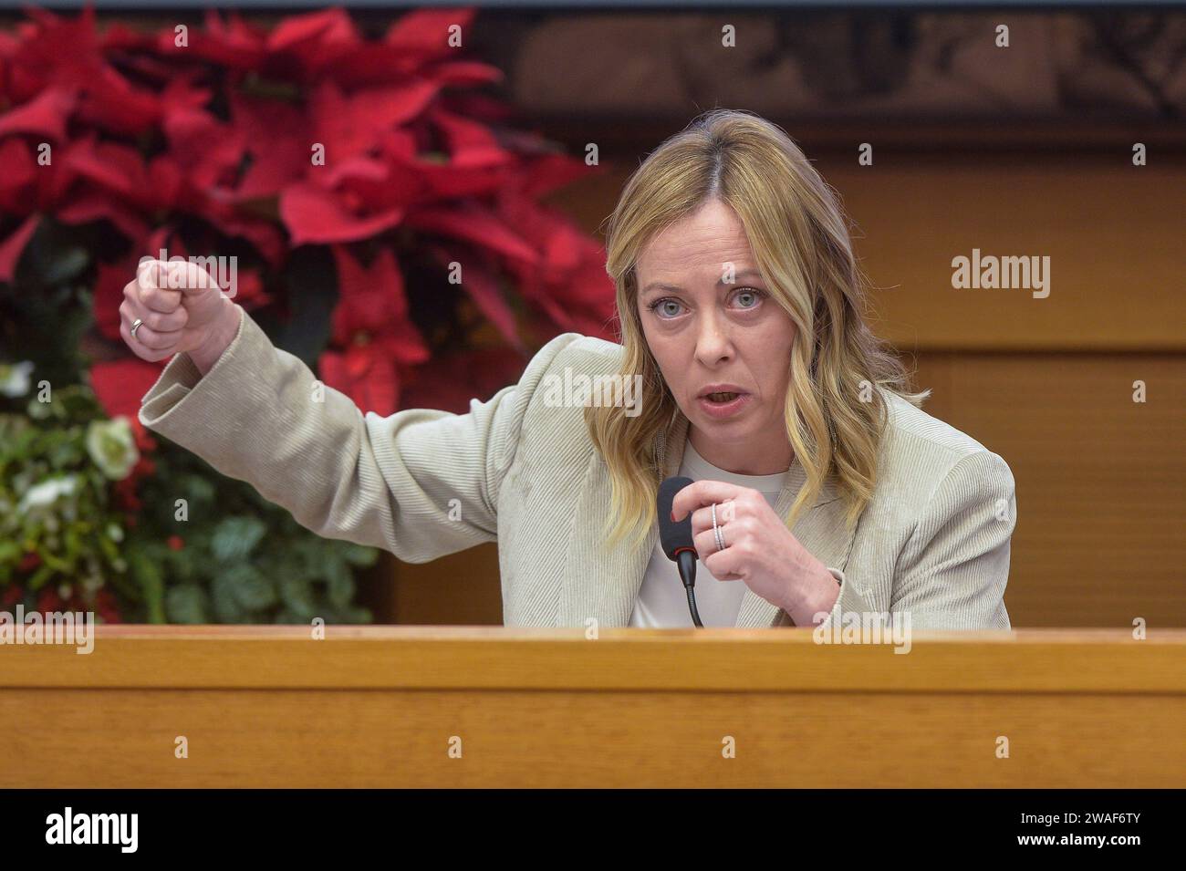 Italia, Roma, 4 de enero de 2024: El primer ministro italiano Giorgia Meloni durante la habitual conferencia de prensa de fin de año, que fue pospuesta varias veces. Foto © Stefano Carofei/Sintesi/Alamy Live News Foto de stock