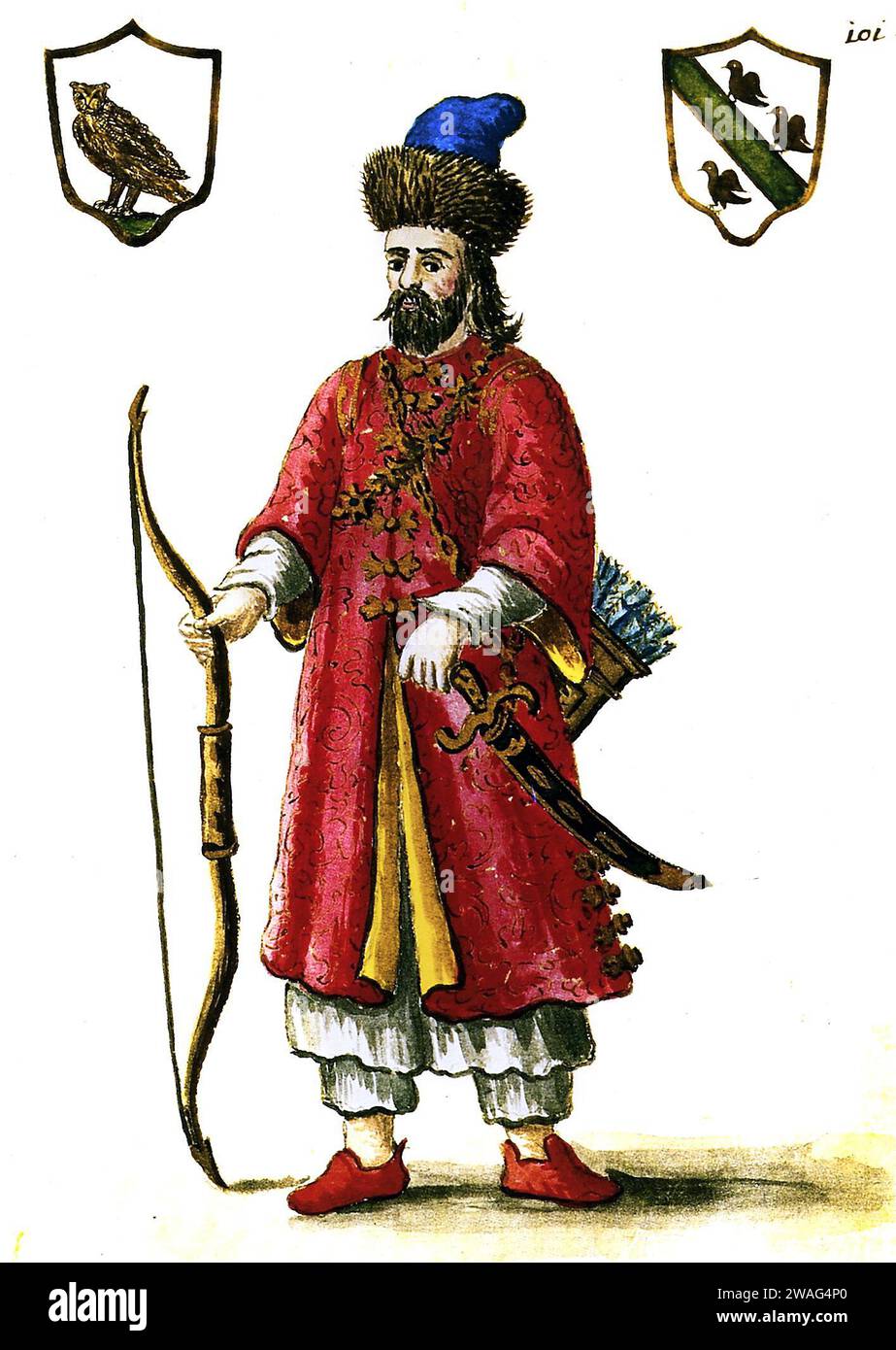 Marco Polo. Retrato del comerciante y explorador veneciano, Marco Polo (c. 1254-1324), ilustración del siglo XVIII en uniforme tártaro Foto de stock