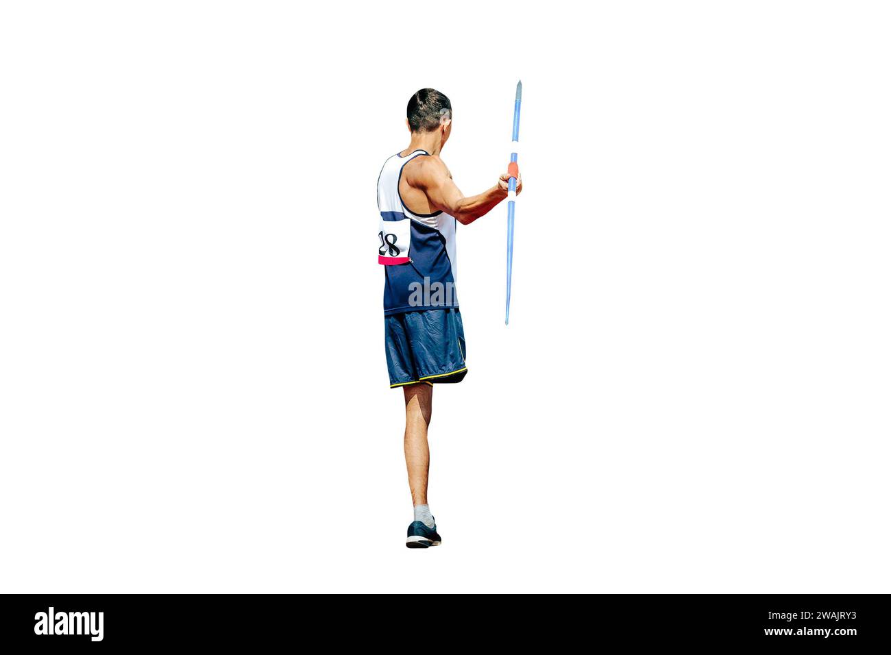 para atleta sin pierna con muleta lanza jabalina en atletismo aislado sobre fondo blanco, juegos deportivos de verano Foto de stock