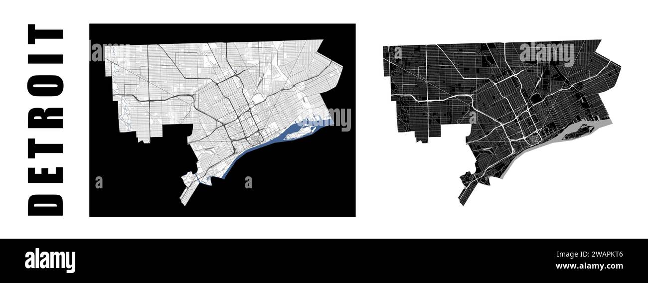 Mapa de Detroit. Ciudad de EE.UU. Dentro de las fronteras municipales administrativas. Conjunto de mapas vectoriales en blanco y negro. Calles y río Detroit, alta resolución. Ilustración del Vector