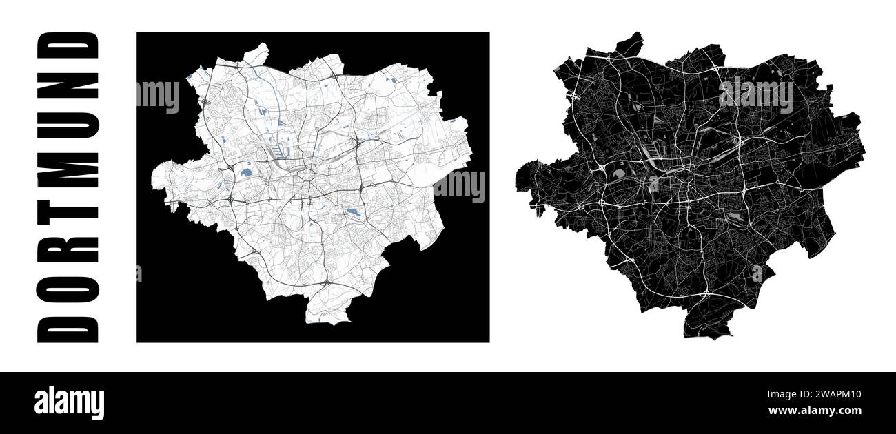 Mapa de Dortmund. Ciudad de Alemania dentro de las fronteras municipales administrativas. Conjunto de mapas vectoriales en blanco y negro. Calles y río Emscher, alta resolución. Ilustración del Vector