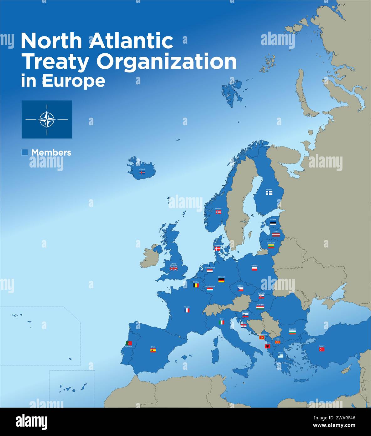 Mapa de la Organización del Tratado del Atlántico Norte en Europa con la división territorial de los estados, nombres y banderas de las naciones, ilustración vectorial Ilustración del Vector
