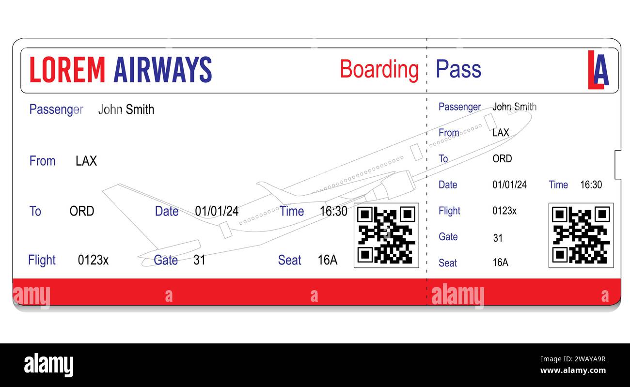 Billete de viaje con tarjeta de embarque de la aerolínea, concepto de viaje aéreo. Diseño moderno con perfil de avión en el fondo Ilustración del Vector