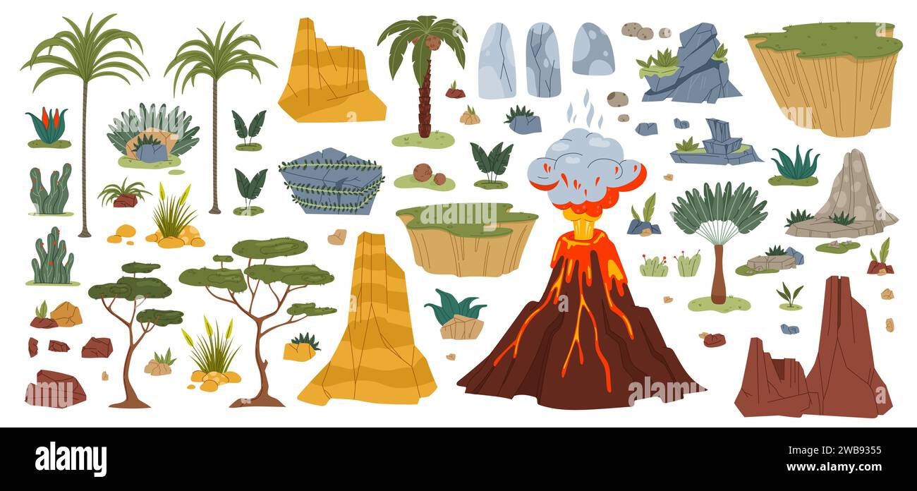 Entorno Jurásico activos de juego, vector volcán de la selva y plantas, palmeras y rocas. Elementos del juego de dibujos animados del tema de los dinosaurios de la erupción de lava del volcán, rocas de piedra y plantas prehistóricas de hojas verdes Ilustración del Vector