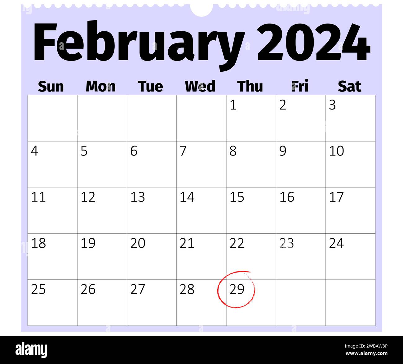 Domingo Inicio Calendario mensual de febrero de 2024, Día bisiesto 29