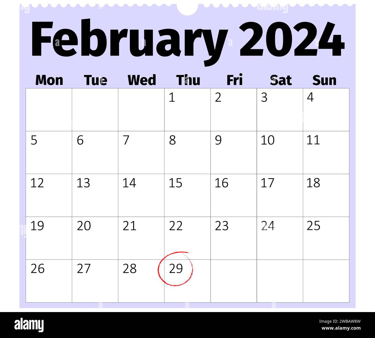 Lunes Inicio Calendario mensual de febrero de 2024, Día bisiesto 29 de