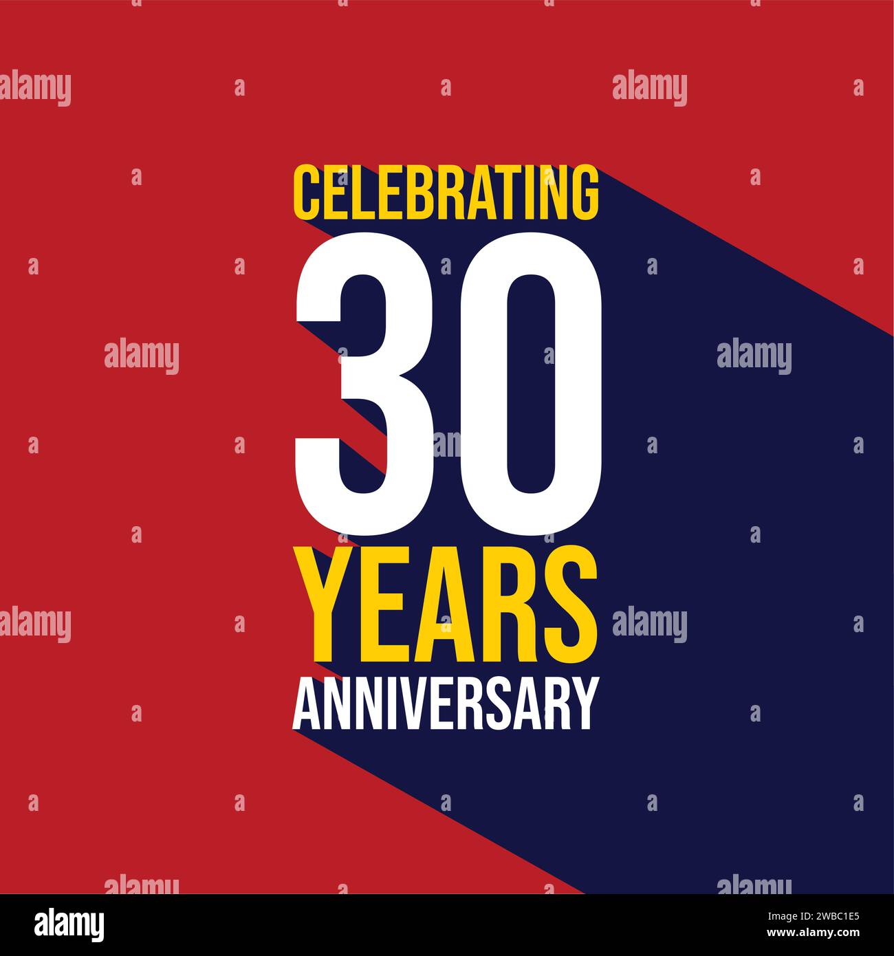 Celebrando 30 años de diseño de plantilla de aniversario con una sombra larga sobre fondo rojo. cartel del evento de celebración del 30 aniversario, tarjeta de invitación, gre Ilustración del Vector