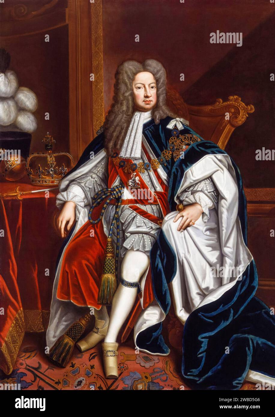 Jorge I de Gran Bretaña e Irlanda (1660-1727), reinó (1714-1727), en túnicas de coronación, pintura de retrato en óleo sobre lienzo por el taller de Sir Godfrey Kneller, 1714-1725 Foto de stock