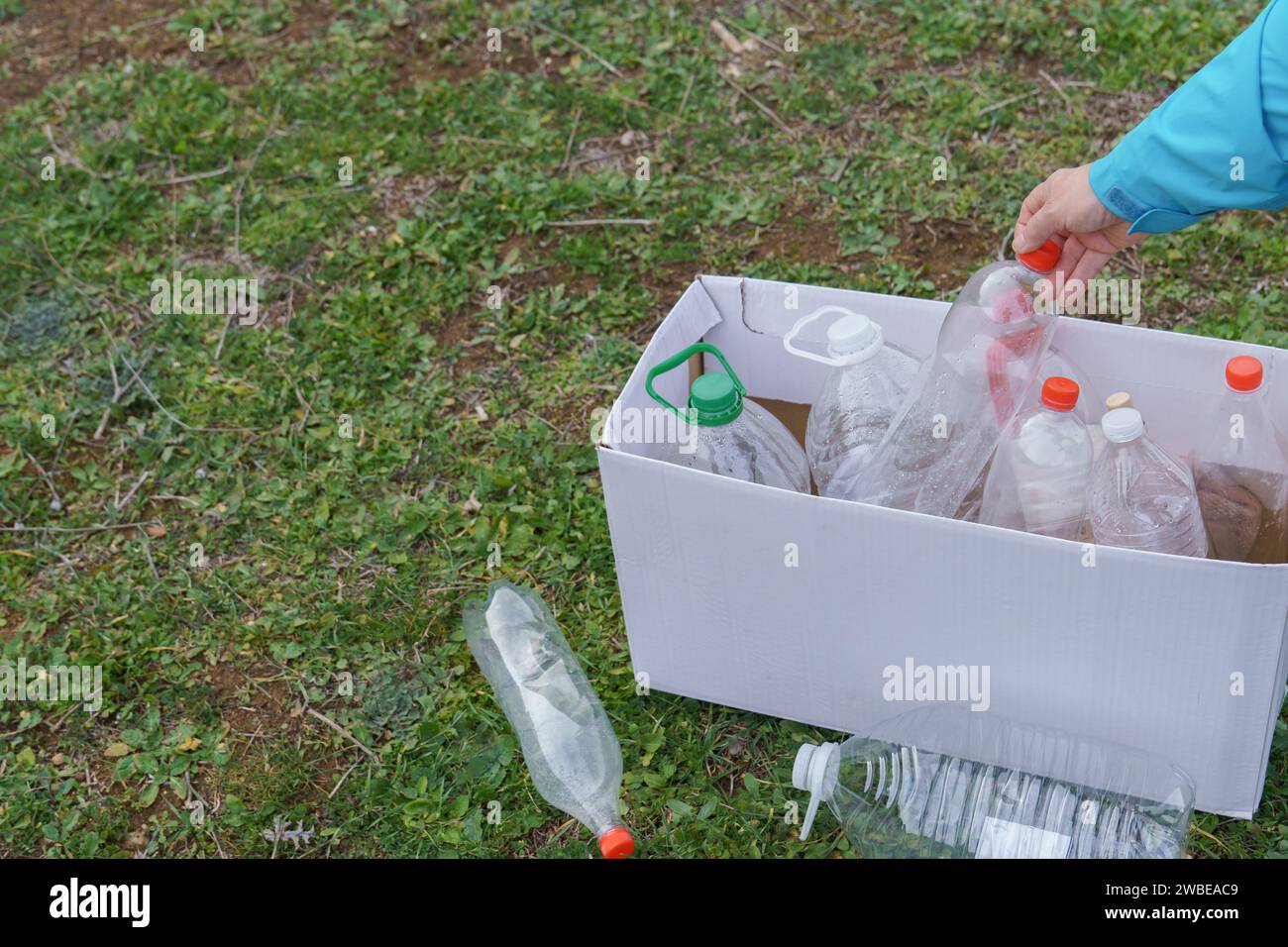 mujer recogiendo botellas de plástico vacías en el campo para reciclar, concepto de ecología y respeto por el medio ambiente. Foto de stock