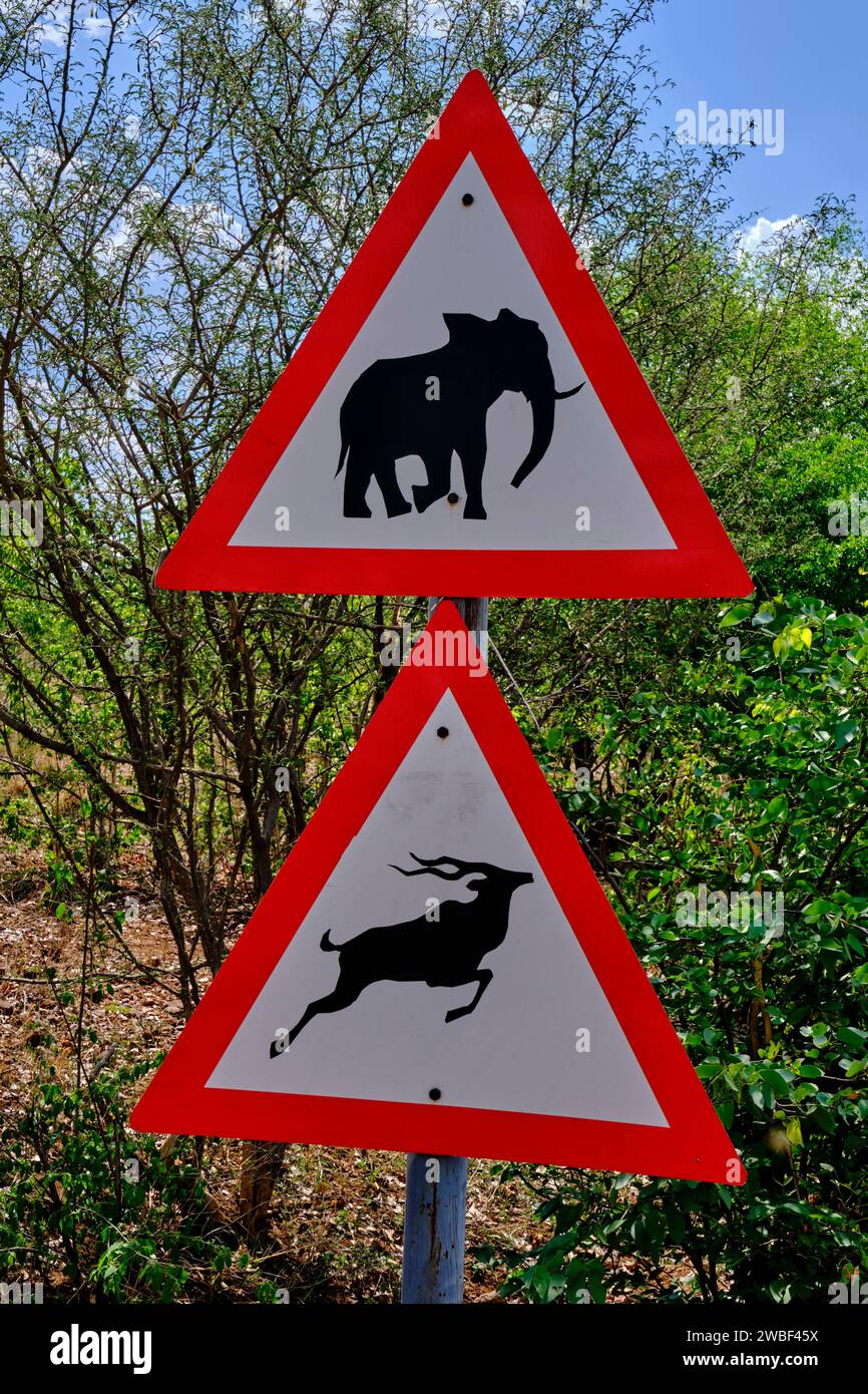 Zimbabue, Matabeleland Norte, provincia, parque nacional de Hwange, señal de advertencia para elefantes y antílope Foto de stock