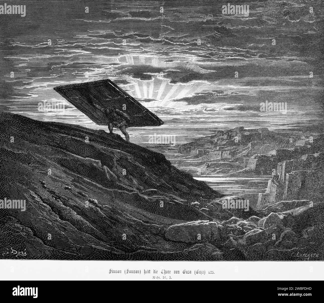 Sansón o Sansón levanta las puertas de Gaza, Libro de los Jueces, Capítulo 16, Biblia, ciudad de Gaza, Monte Hebrón, carga pesada, llevar, puertas de la ciudad, montaña Foto de stock