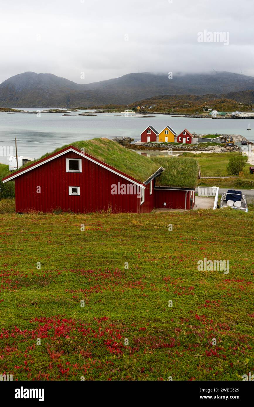 Casa roja con techo de hierba junto al océano, casas coloridas en la orilla del Atlántico Norte. Casa de vacaciones de madera en las islas de Hillesøy Foto de stock