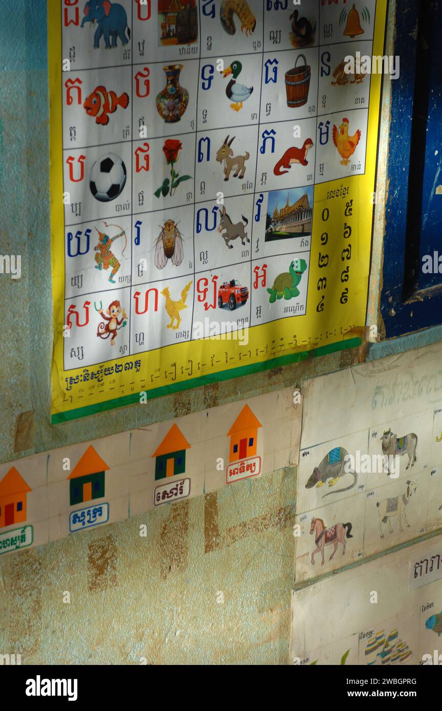 Letras y números camboyanos en un cartel en un aula escolar, Beng Meala, Siem Reap, Camboya. Foto de stock
