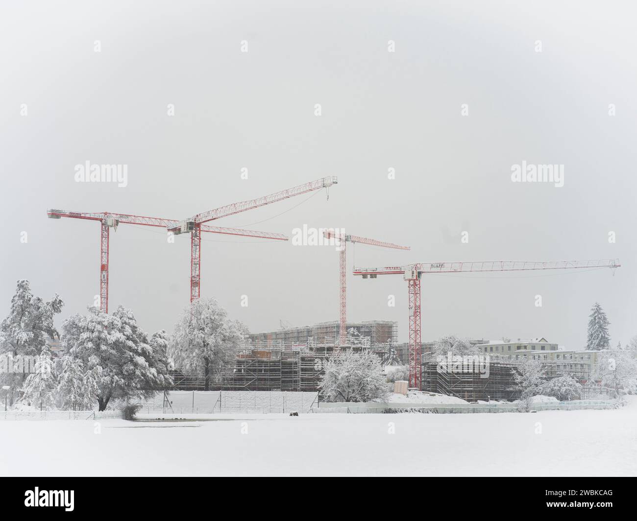 Paisaje de invierno, sitio de construcción con grúas de construcción rojas Foto de stock