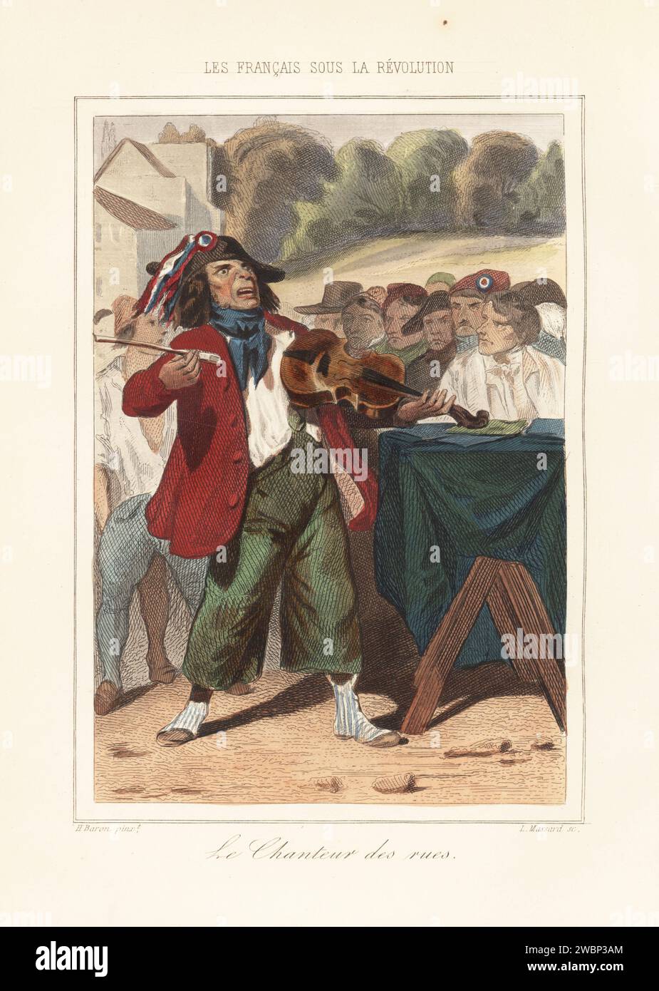 Citizen Ladre, cantante callejera francesa con violín y arco durante el reinado del terror, 1792. Intérprete callejero o criador en bicorne con escarabajo tricolor. Ladre era un ex soldado que escribió Ah! ¡ca ira! Le chanteur des rues ou crieur public. Grabado en acero a mano de Leopold Massard tras una ilustración de Henri Baron de Augustin Challamel y Les Francais sous la Revolution de Wilhelm Tenint, Los franceses bajo la revolución, Challamel, París, 1843. Foto de stock