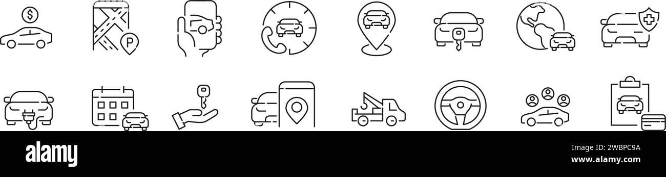 Conjunto de iconos de alquiler de coches. Soporte de centro de llamadas, ubicaciones de automóviles, calendario y pago con tarjeta. Icono perfecto de píxel Ilustración del Vector