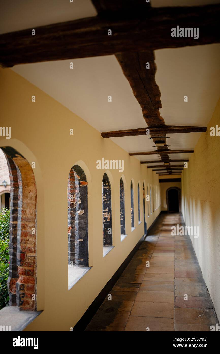 Un pasillo bellamente diseñado adornado con arcos elegantes, que muestra el encanto arquitectónico de las paredes de ladrillo y ventanas Foto de stock