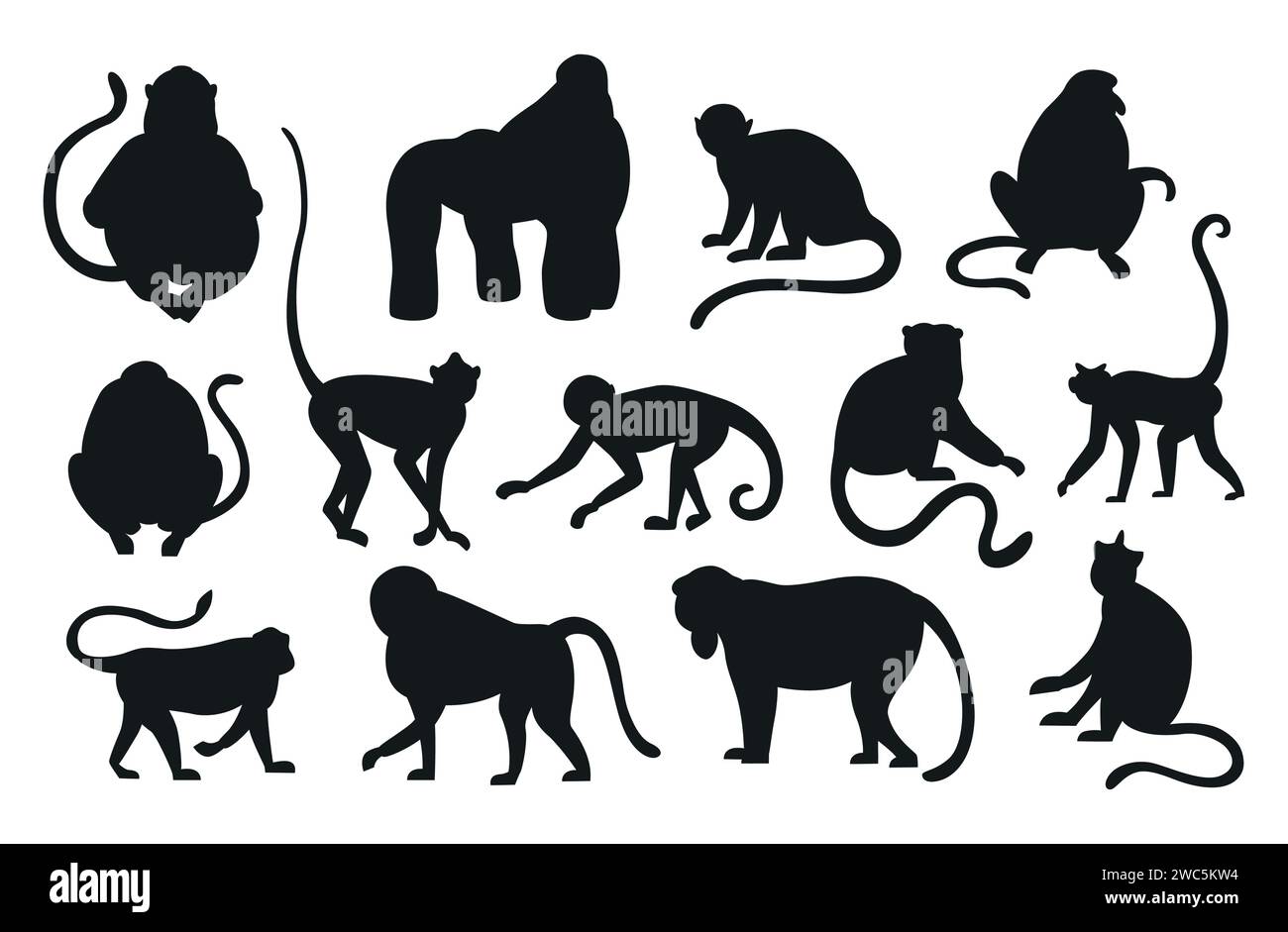 Silueta de monos. Colgar y saltar monos negros. Varios tipos de primates. Conjunto de animales exóticos aislados. Fauna de selva tropical exótica. Contorno furry mam Ilustración del Vector