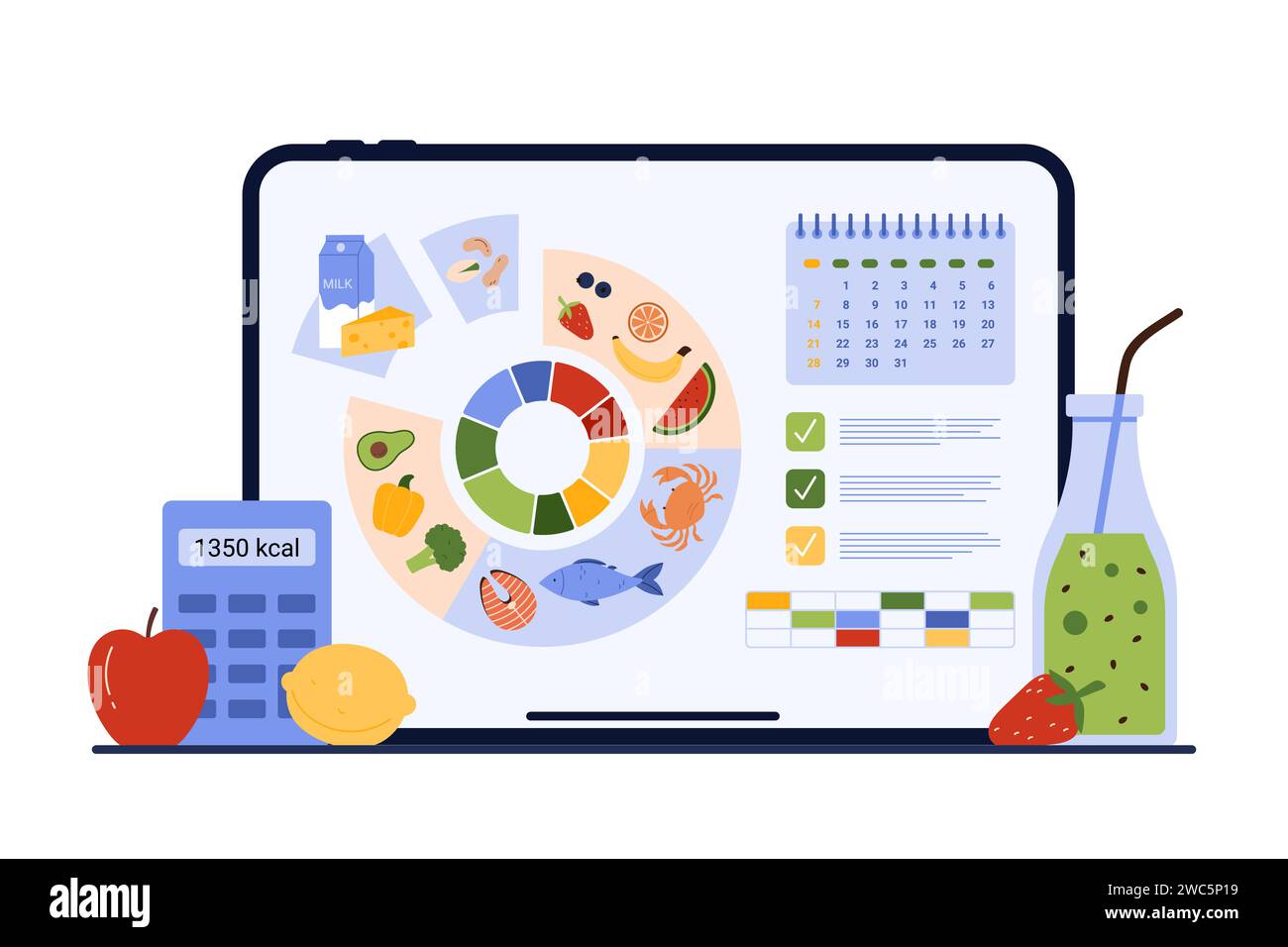 Calendario de planificación de la nutrición, aplicación de dieta móvil. Gráfico circular con productos alimenticios con proteínas y grasas, carbohidratos por sectores, lista en la pantalla de la tableta para planificar la ilustración vectorial de dibujos animados de pérdida de peso Ilustración del Vector