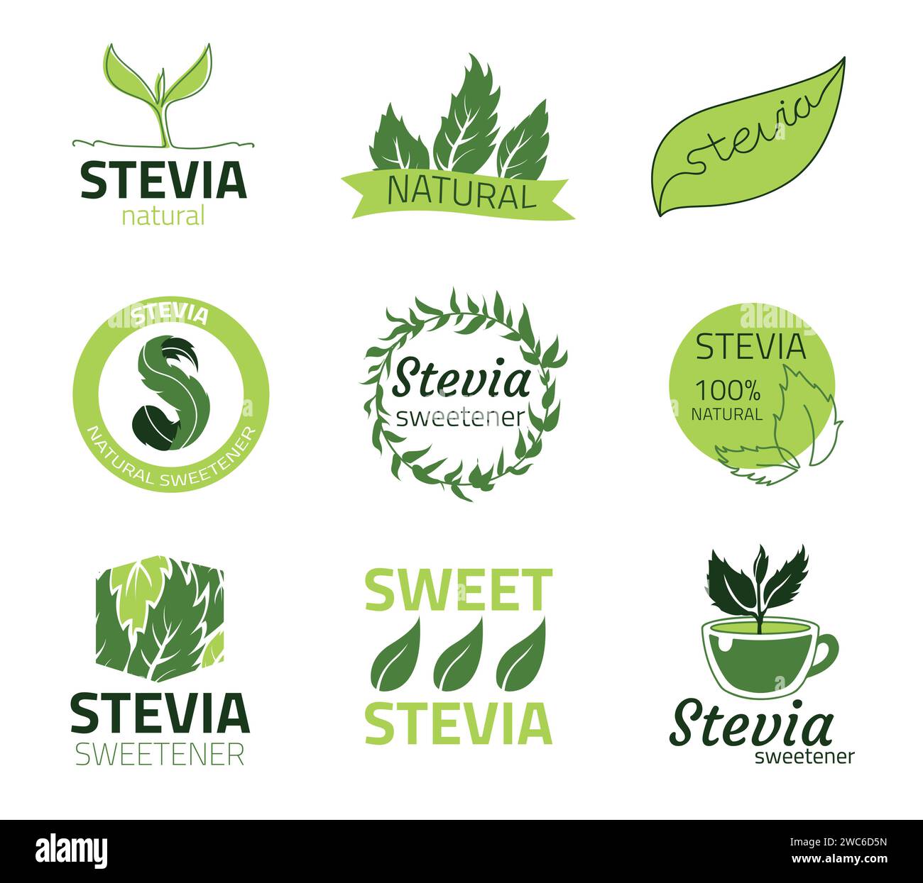 Logo de Stevia. Etiquetas de extracto libre de azúcar dulce. Plantillas de emblemas de productos alimenticios orgánicos naturales. Signos verdes aislados con hojas y letras. Planta di Ilustración del Vector