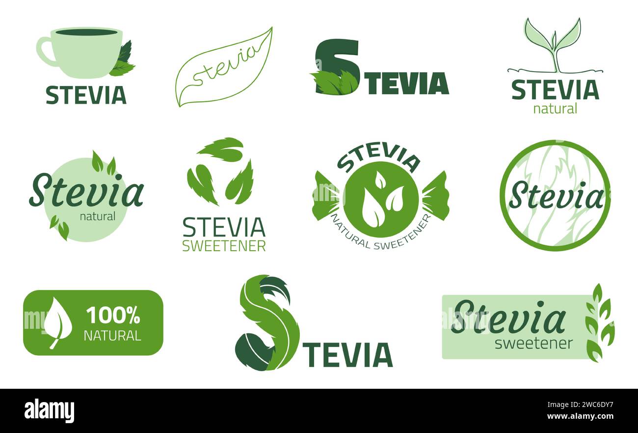Etiqueta Stevia. Pegatinas de edulcorante sustituto. Producto orgánico herbal libre de azúcar para la dieta. Extracto natural de hojas y tallo. Alternativa dulce r Ilustración del Vector