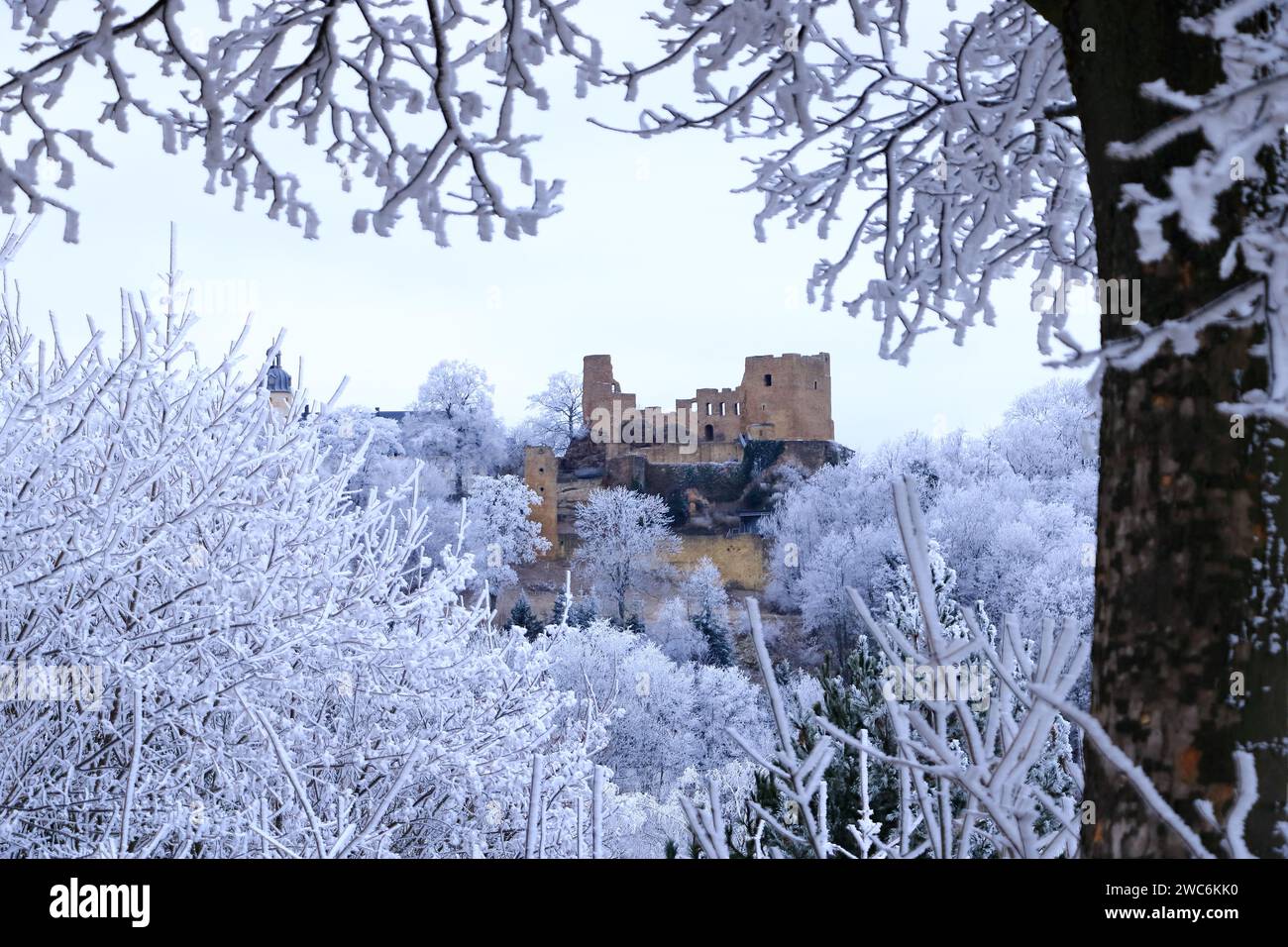 El Castillo Frauenstein en Frauenstein en invierno, Erzgebirge, Sajonia, Alemania Foto de stock