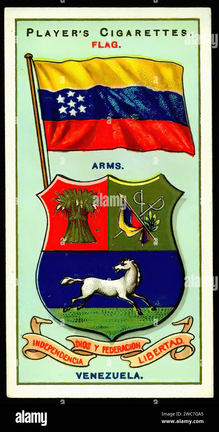 Armas y Bandera de Venezuela - Ilustración de tarjeta de cigarrillo vintage Foto de stock