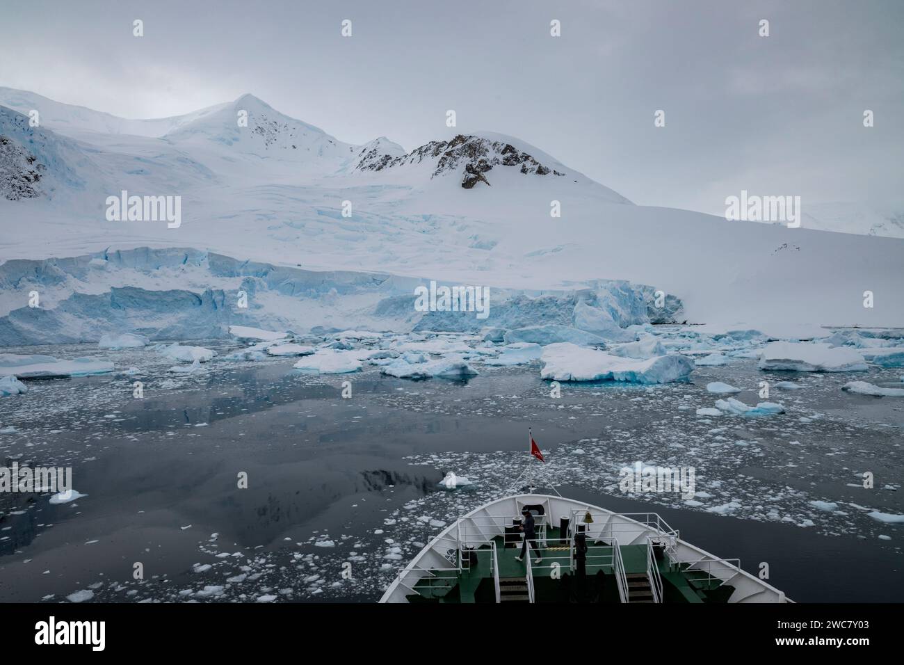 Puerto Neko, Antártida, vista del puerto y la costa, barco de expedición navegando a través de agua llena de hielo, mostrando arco de barco y pronóstico Foto de stock