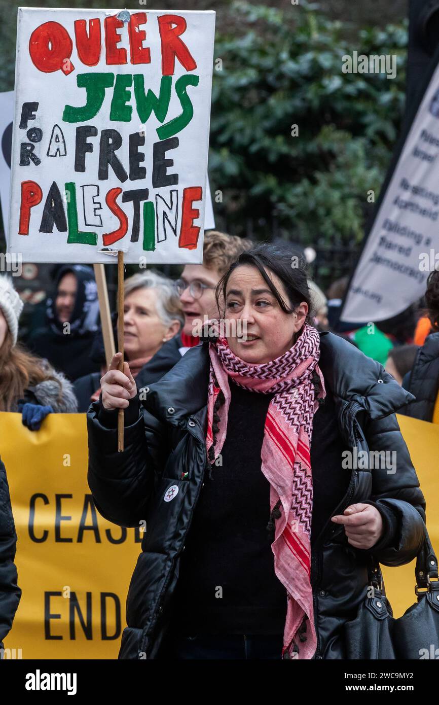 Londres, Reino Unido. 13 de enero de 2024. Un manifestante pro