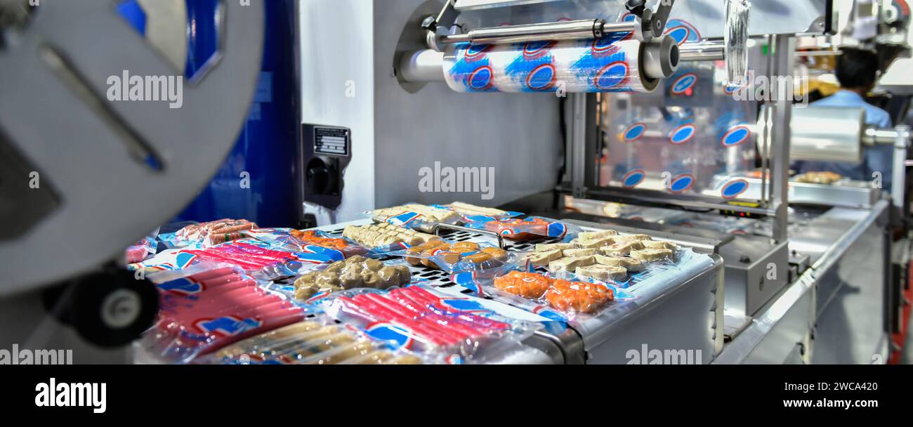 Línea de producción automática de alimentos en maquinaria de cinta transportadora en fábrica, producción industrial de alimentos Foto de stock